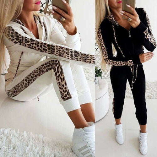 Womens Leopard Print Tracksuit Suit Hooded Sweatshirt Jogging Pants Loungewear